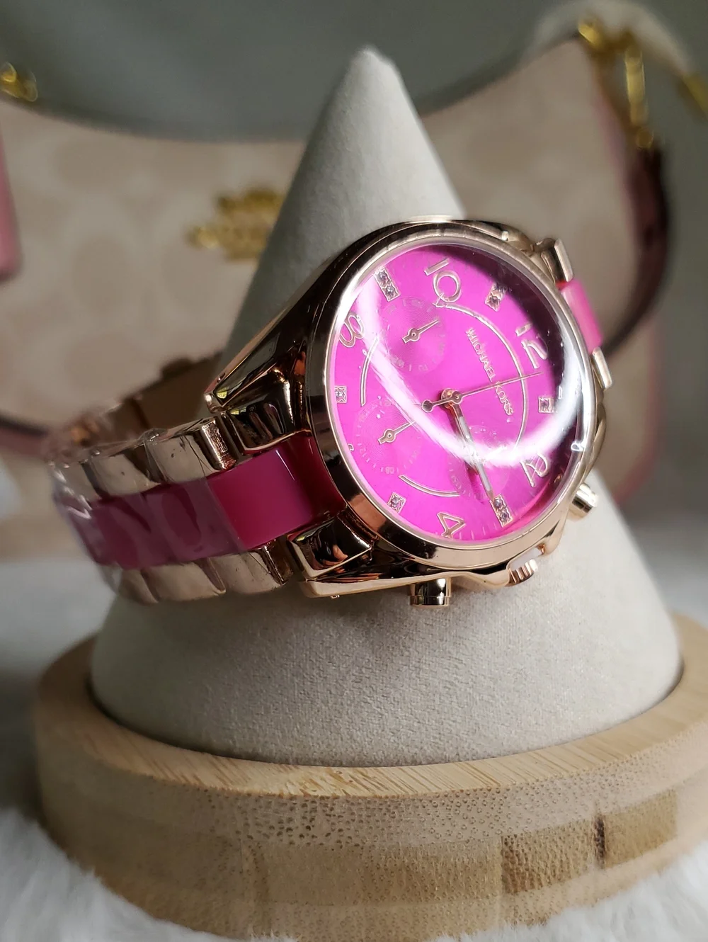 Michael Kors Rose Gold-Tone Watch with Bright Pink Dial and Strap